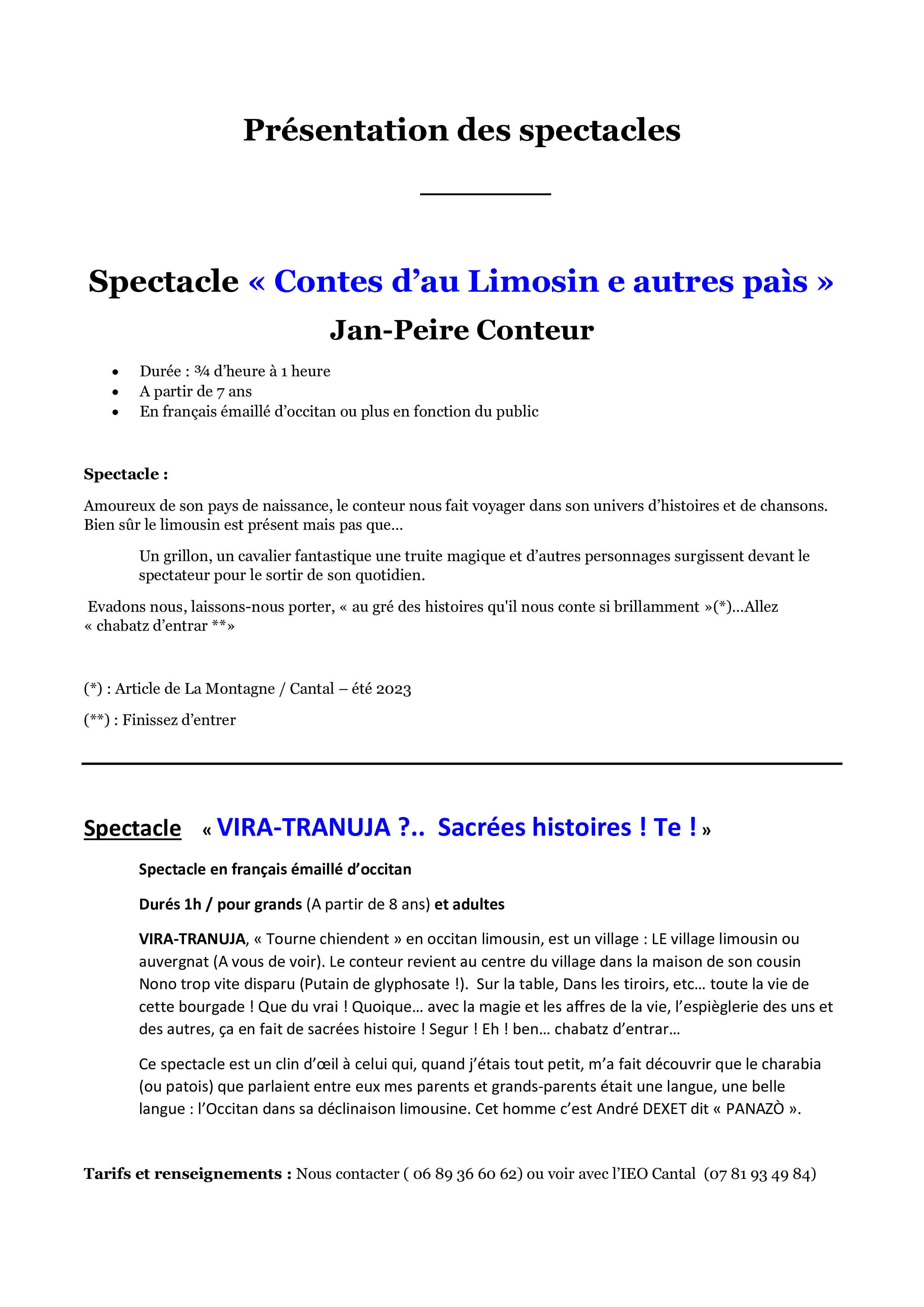 Présentation des spectacles 2025
